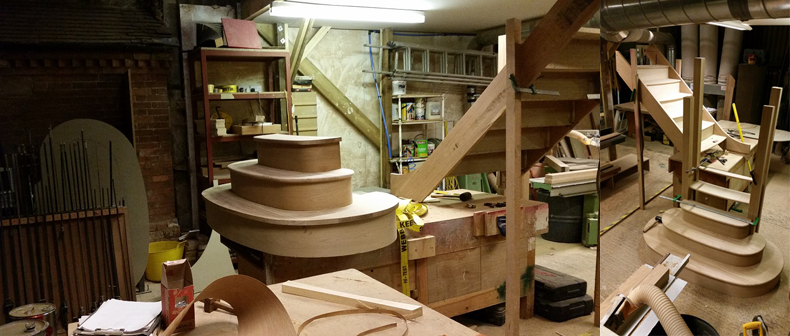 Bullnose Wooden Staircase in the Spittlywood Ltd Workshop