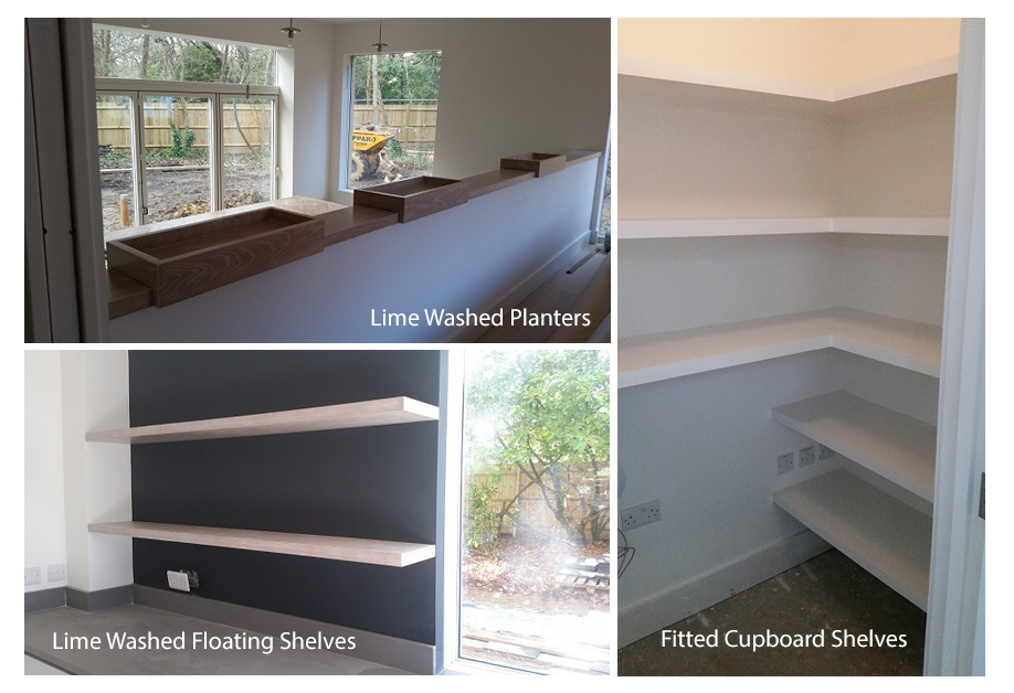 Cumberland house bespoke joinery including Fitted cupboard Shelves, Lime Washed Planters and Lime washed Floating Shelves